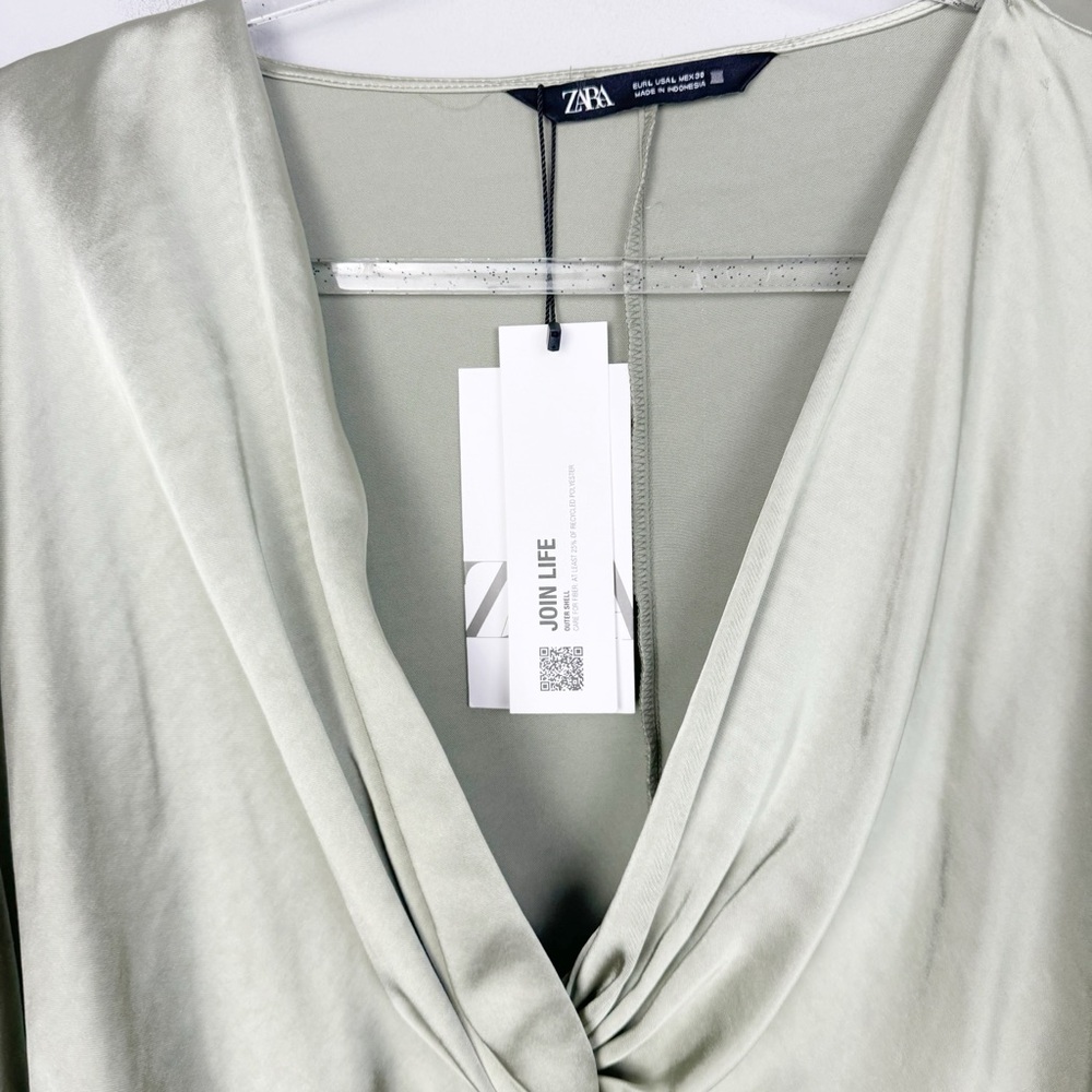 ZARA | NEW Sage Green Twist Front Cropped Bell Sleeve Top Women’s Size Large - Picture 6 of 12